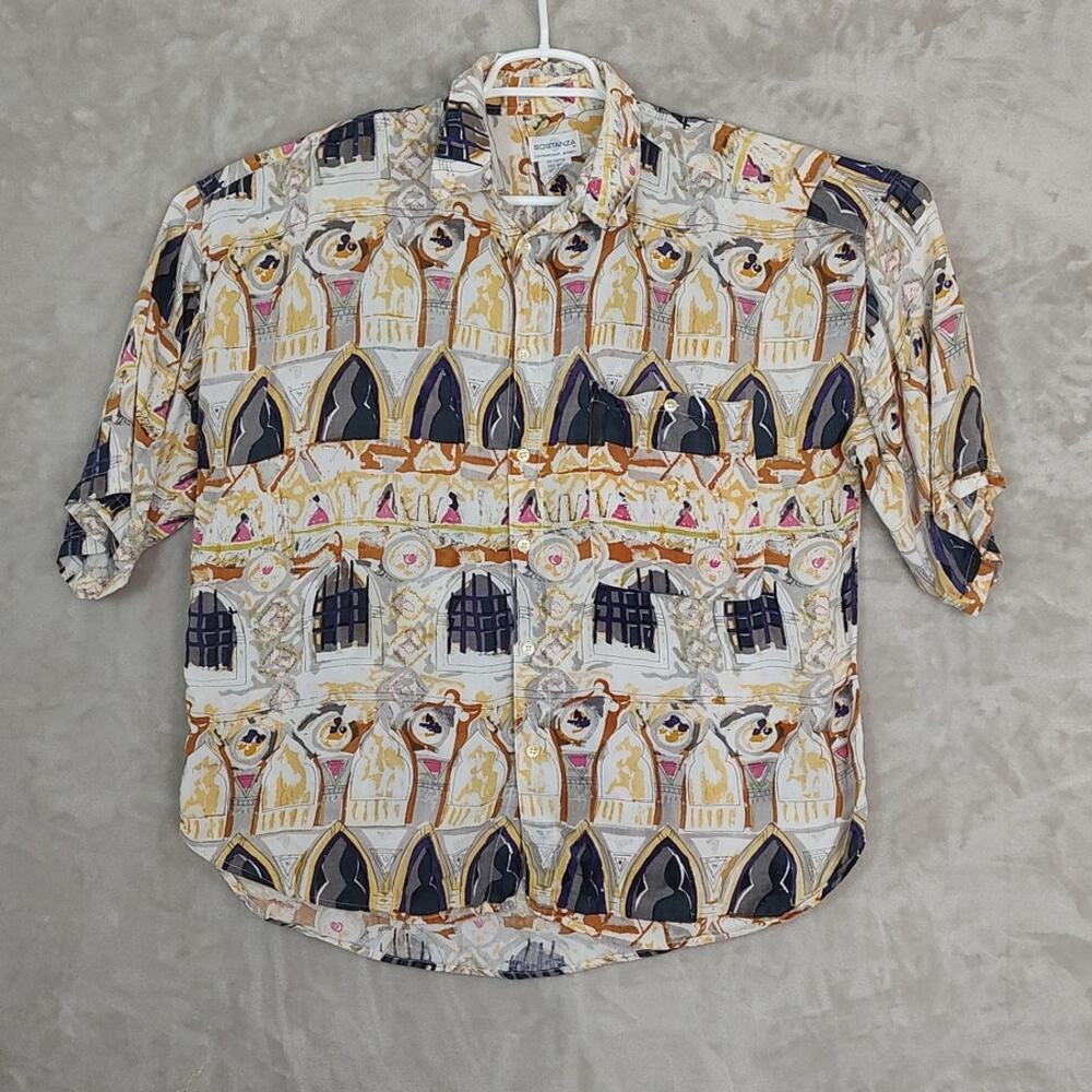 Vintage 90s Sostanza Abstract Architectural Rayon Shirt Men's Lrg All Over Print